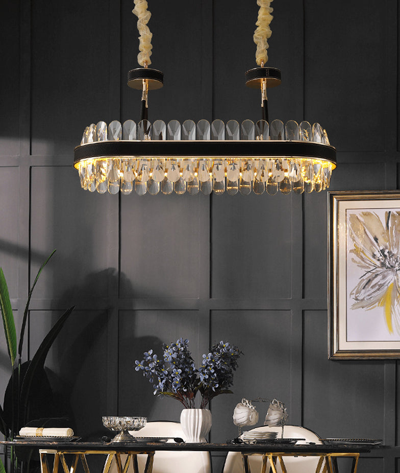 Minimalist Black-Gold Led Chandelier With Crystal Accents - Elegant Ceiling Pendant Light For Living