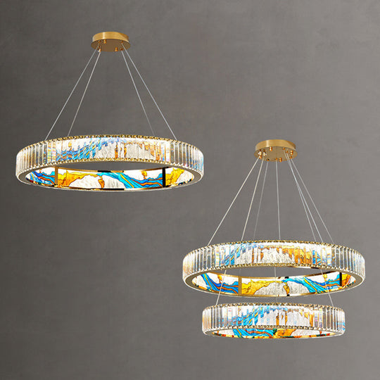 Modern Gold Led Pendant Lamp - K9 Crystal Ring Shaped Chandelier With Abstract Print