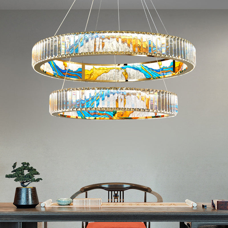 Modern Gold Led Pendant Lamp - K9 Crystal Ring Shaped Chandelier With Abstract Print