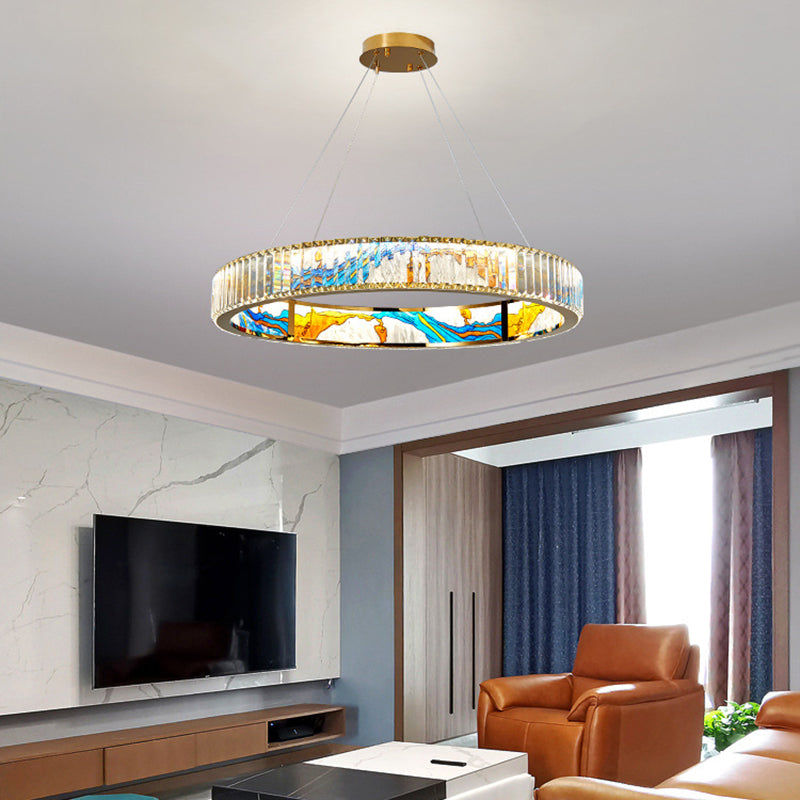 Modern Gold Led Pendant Lamp - K9 Crystal Ring Shaped Chandelier With Abstract Print