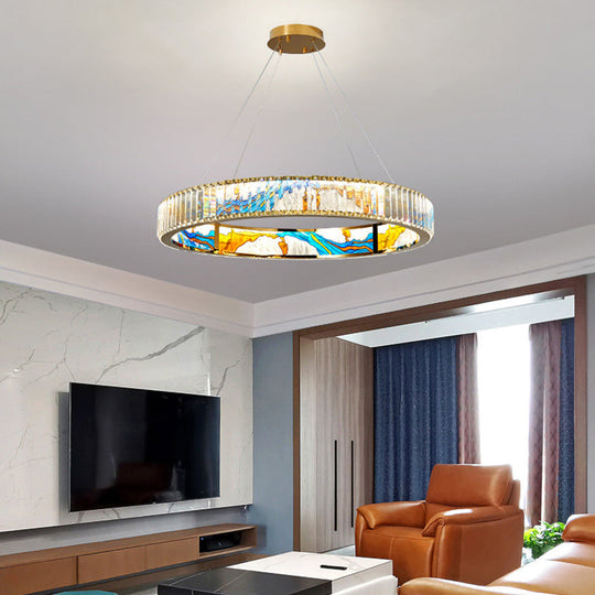 Modern Gold Led Pendant Lamp - K9 Crystal Ring Shaped Chandelier With Abstract Print