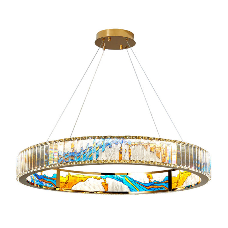 Modern Gold Led Pendant Lamp - K9 Crystal Ring Shaped Chandelier With Abstract Print