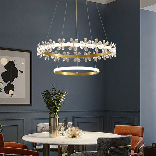 Minimalist Crystal Led Chandelier With Gold Finish & Metal Ring