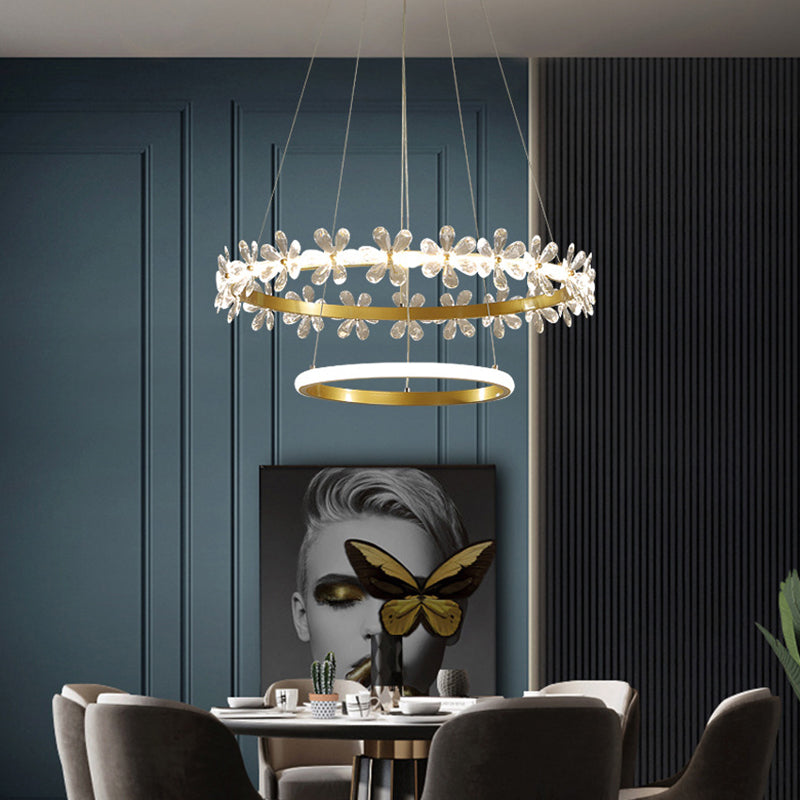 Minimalist Crystal Led Chandelier With Gold Finish & Metal Ring