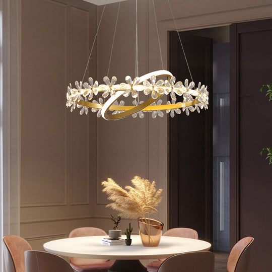 Minimalist Crystal Led Chandelier With Gold Finish & Metal Ring