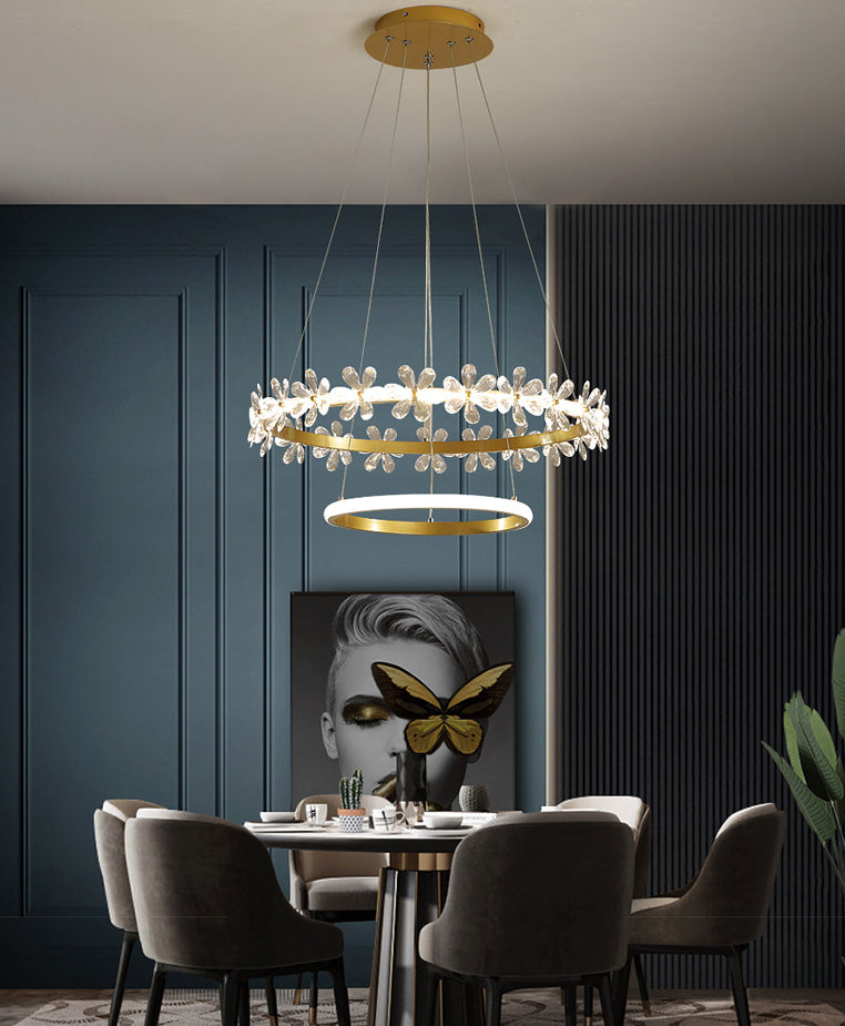 Minimalist Crystal Led Chandelier With Gold Finish & Metal Ring