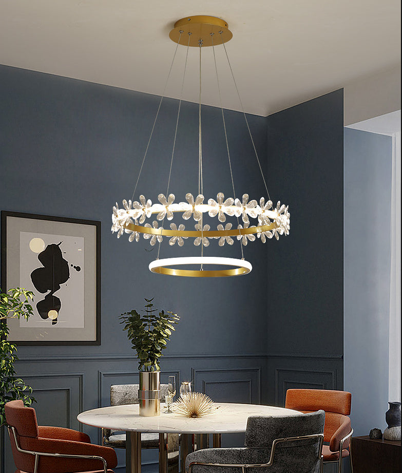 Minimalist Crystal Led Chandelier With Gold Finish & Metal Ring