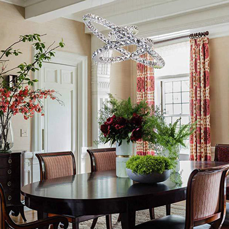 Sleek Stainless Steel Chandelier: Faceted Crystal Circle Led Pendant Lighting For Dining Room