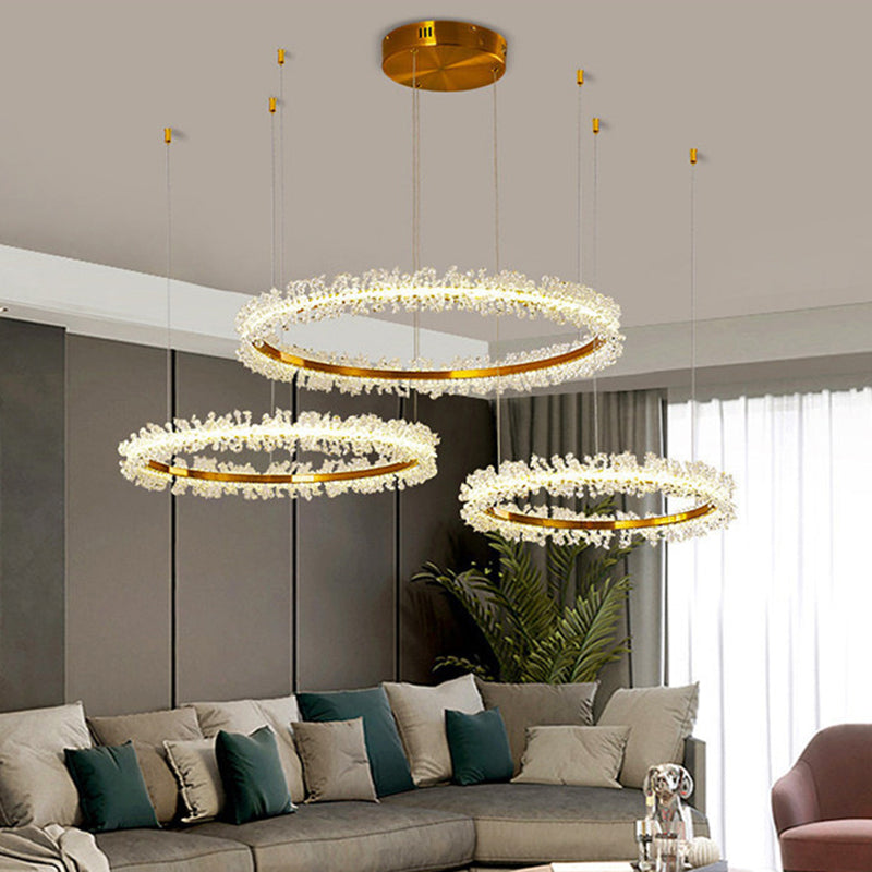 Stylish Ring Pendant Chandelier With Led Flower Crystal Light - Elegant Gold Living Room Fixture