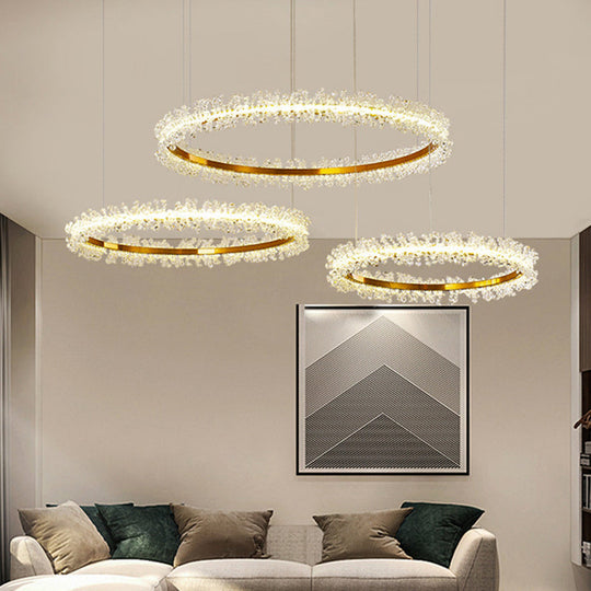 Stylish Ring Pendant Chandelier With Led Flower Crystal Light - Elegant Gold Living Room Fixture