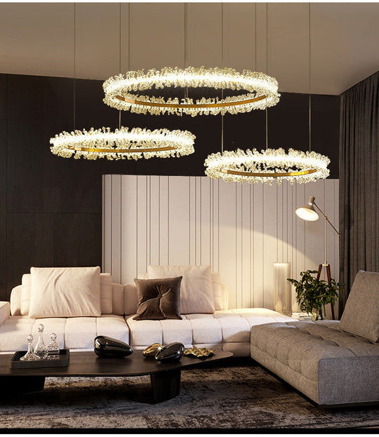 Stylish Ring Pendant Chandelier With Led Flower Crystal Light - Elegant Gold Living Room Fixture