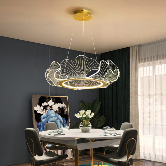 Led Acrylic Leaf Chandelier In Simplicity Gold Finish - Dining Room Pendant Light