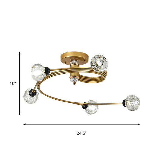 Spiral Semi Flush Traditional Glass/Crystal Bedroom Ceiling Light Fixture - Brass Finish