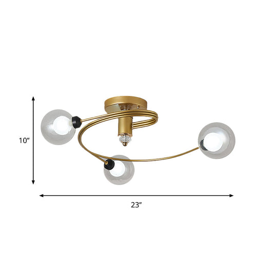 Spiral Semi Flush Traditional Glass/Crystal Bedroom Ceiling Light Fixture - Brass Finish