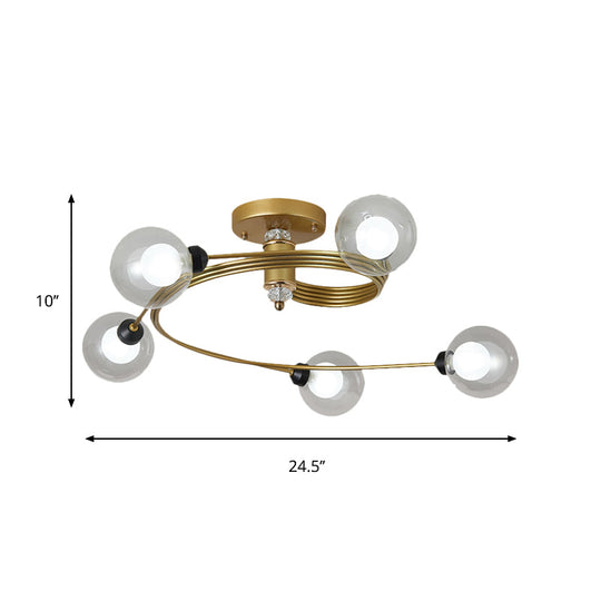 Spiral Semi Flush Traditional Glass/Crystal Bedroom Ceiling Light Fixture - Brass Finish