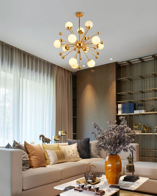 Minimalist 12-Light Cream Glass Pendant Light For Living Room - Golden Dandelion Chandelier