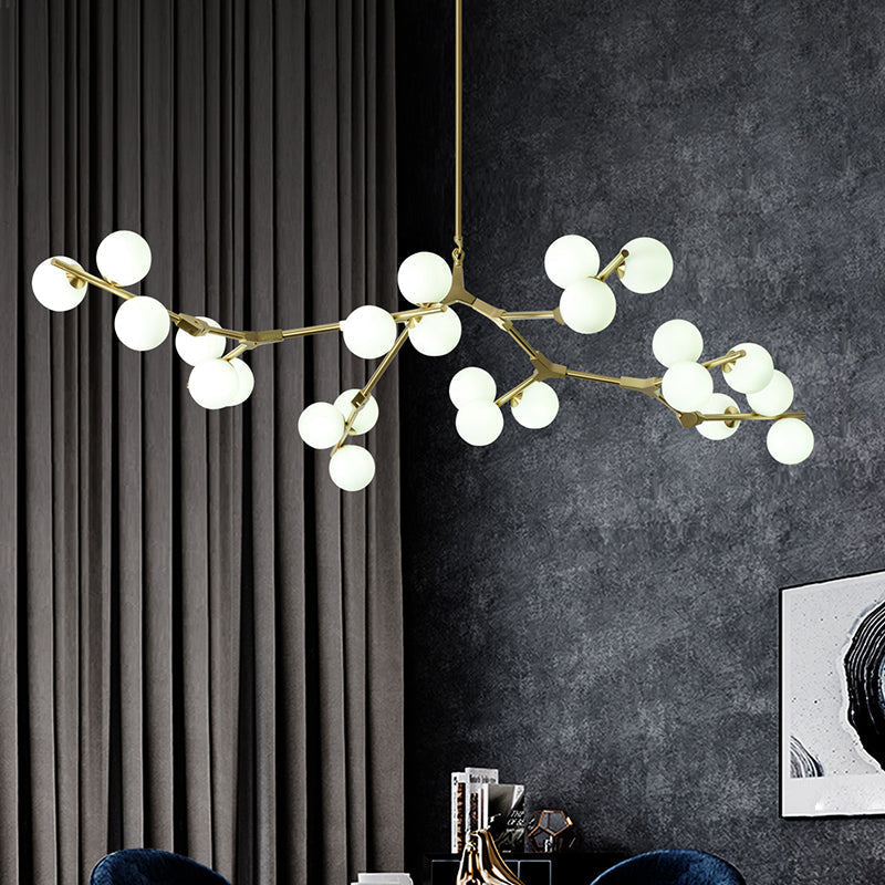 Sleek Metal Chandelier | Minimalistic Tree Branch Suspension Light With White Glass Ball Shade For