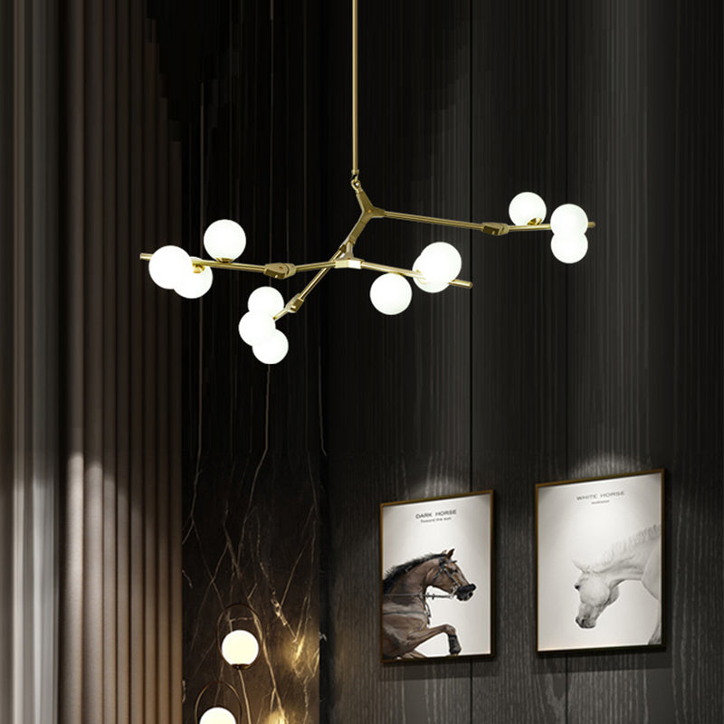 Sleek Metal Chandelier | Minimalistic Tree Branch Suspension Light With White Glass Ball Shade For