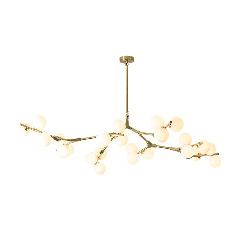 Sleek Metal Chandelier | Minimalistic Tree Branch Suspension Light With White Glass Ball Shade For