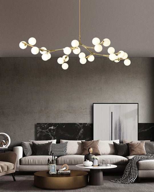 Sleek Metal Chandelier | Minimalistic Tree Branch Suspension Light With White Glass Ball Shade For