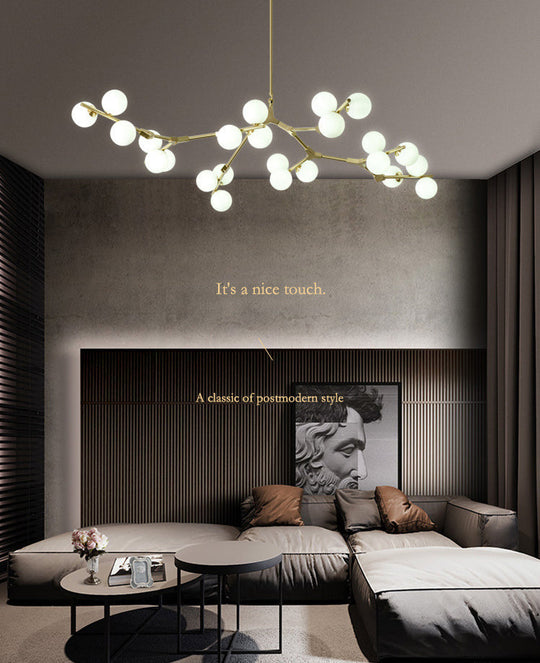 Sleek Metal Chandelier | Minimalistic Tree Branch Suspension Light With White Glass Ball Shade For