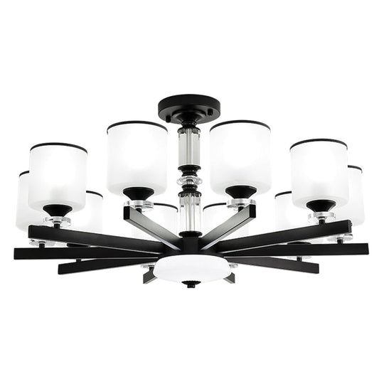 Modern Milky Glass Cup Chandelier Black Finish Hanging Light For Living Room