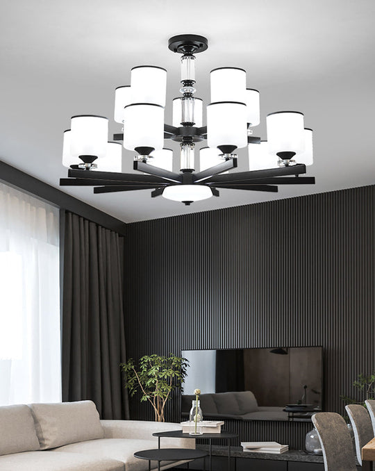 Modern Milky Glass Cup Chandelier Black Finish Hanging Light For Living Room