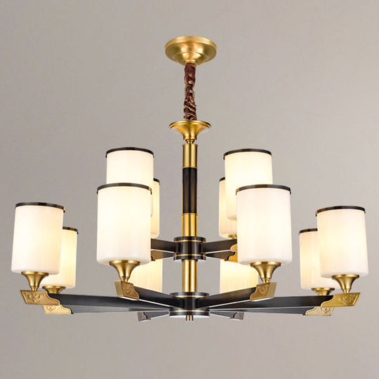 Opaline Glass Cylindrical Chandelier Pendant Light For Minimalistic Living Room 12 / Gold-Black