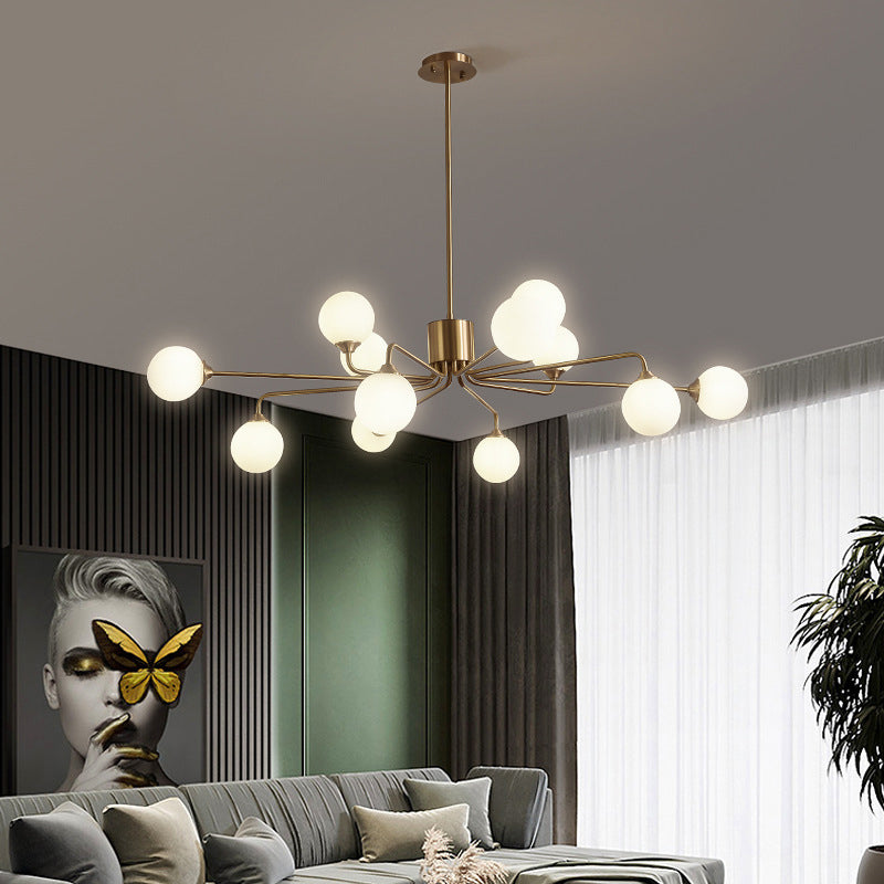 Sleek Modos Chandelier: Simplicity White Glass Ceiling Light With Brass Finish For Living Room