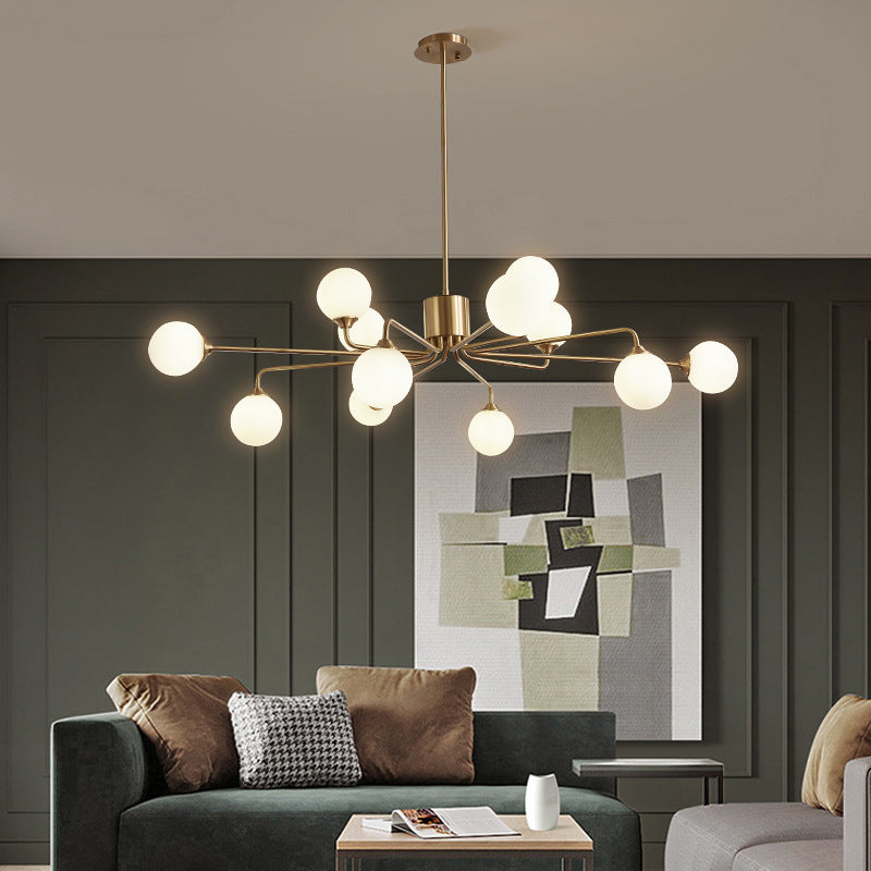 Sleek Modos Chandelier: Simplicity White Glass Ceiling Light With Brass Finish For Living Room