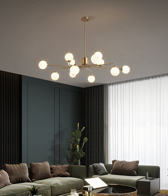 Sleek Modos Chandelier: Simplicity White Glass Ceiling Light With Brass Finish For Living Room