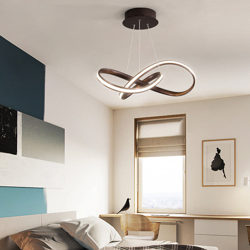 Metal Led Pendant Lamp - Twisted Strip Design For Bedroom Chandelier In Coffee Color