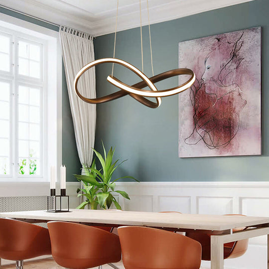 Metal Led Pendant Lamp - Twisted Strip Design For Bedroom Chandelier In Coffee Color