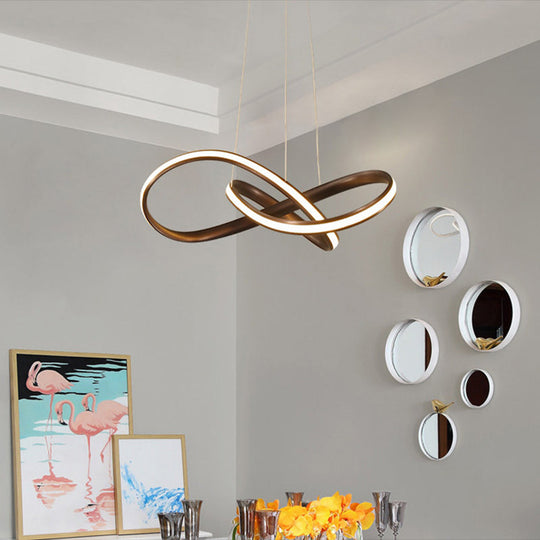 Metal Led Pendant Lamp - Twisted Strip Design For Bedroom Chandelier In Coffee Color