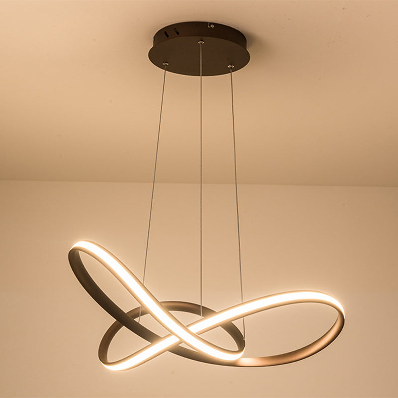 Metal Led Pendant Lamp - Twisted Strip Design For Bedroom Chandelier In Coffee Color