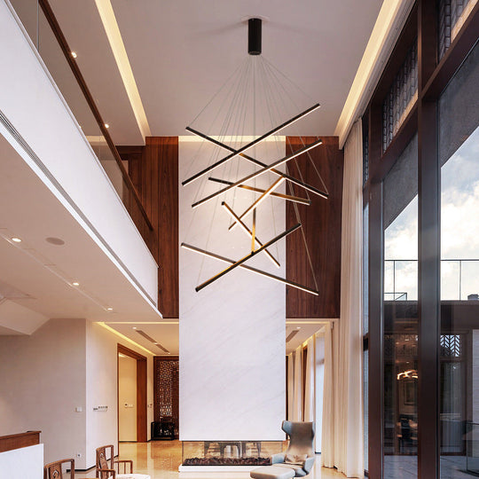 Minimalist Black LED Chandelier: Stylish Metal Suspension Lamp for Lobby