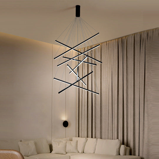 Black Sticks LED Chandelier Light Novelty Minimalist Metal Suspension Lamp for Lobby