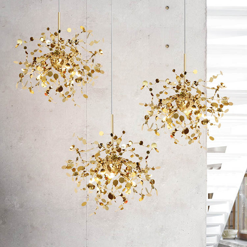 Modern Stainless Steel Leaf Pendant Light - Sequin Chandelier (3-Light) For Clothing Store