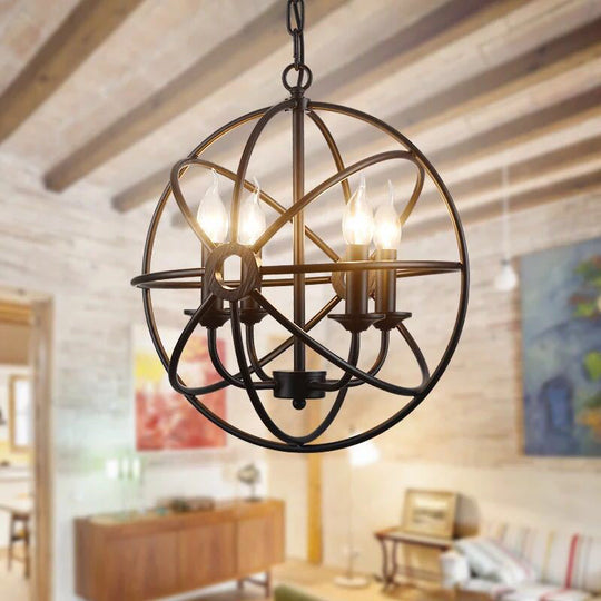 Industrial Metal Caged Pendant Chandelier With Interlinked Rings - 4 Lights For Living Room