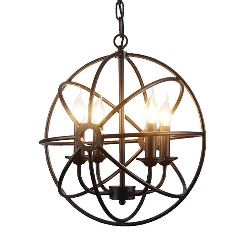 Industrial Metal Caged Pendant Chandelier With Interlinked Rings - 4 Lights For Living Room Black