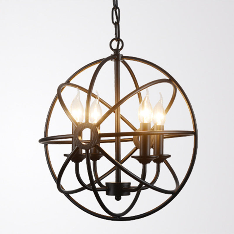 Industrial Metal Caged Pendant Chandelier With Interlinked Rings - 4 Lights For Living Room