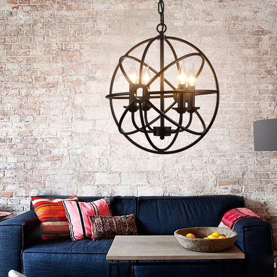 Industrial Metal Caged Pendant Chandelier With Interlinked Rings - 4 Lights For Living Room