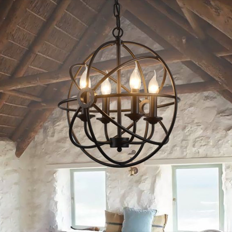 Industrial Metal Caged Pendant Chandelier With Interlinked Rings - 4 Lights For Living Room