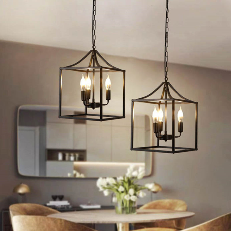 Retro Black Pendant Light: Square Cage Chandelier With 3 Lights Metal Lamp For Dining Room