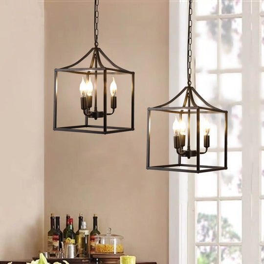 Retro Black Pendant Light: Square Cage Chandelier With 3 Lights Metal Lamp For Dining Room