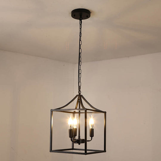 Retro Black Pendant Light: Square Cage Chandelier With 3 Lights Metal Lamp For Dining Room