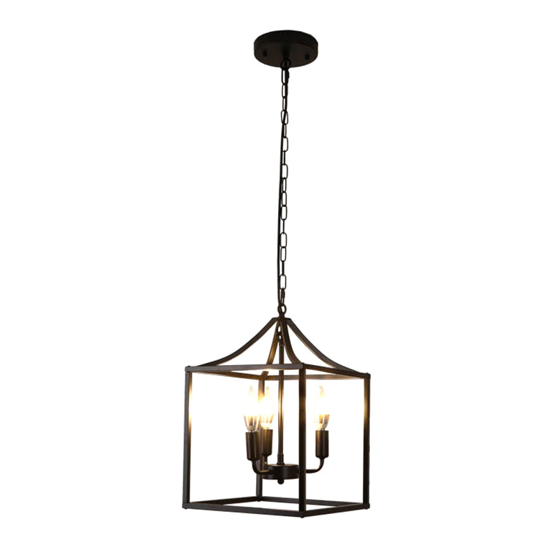 Retro Black Pendant Light: Square Cage Chandelier With 3 Lights Metal Lamp For Dining Room