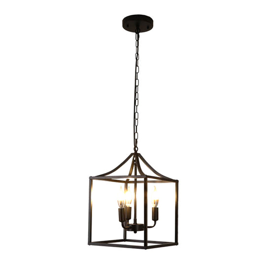 Retro Black Pendant Light: Square Cage Chandelier With 3 Lights Metal Lamp For Dining Room