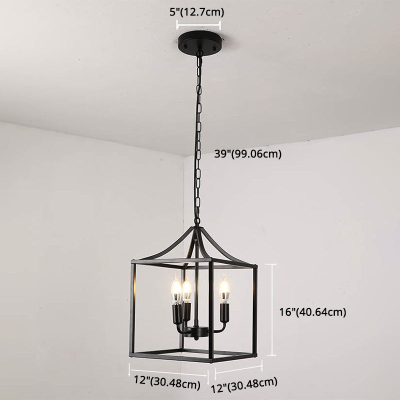 Retro Black Pendant Light: Square Cage Chandelier With 3 Lights Metal Lamp For Dining Room