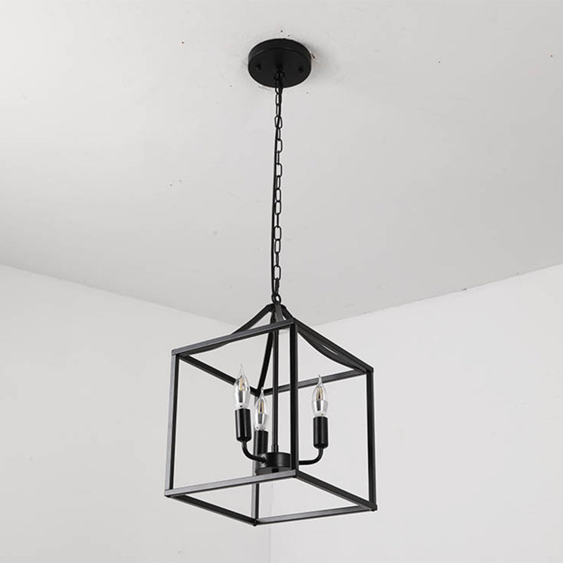 Retro Black Pendant Light: Square Cage Chandelier With 3 Lights Metal Lamp For Dining Room